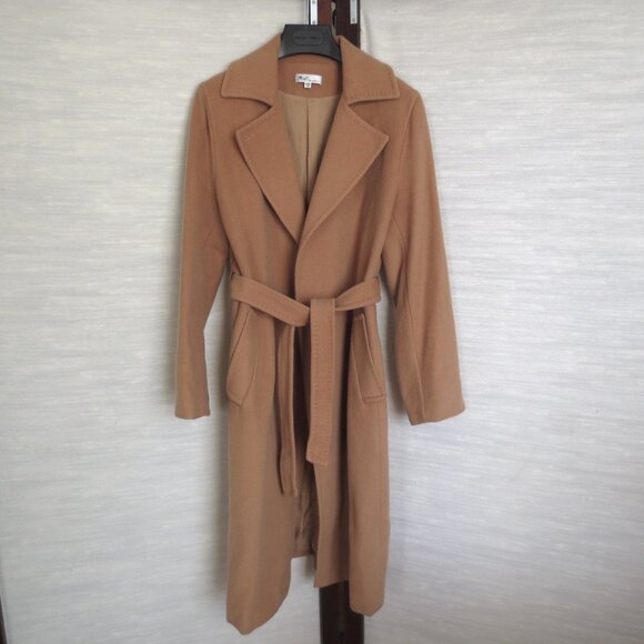 Wool and Cashmere Camel Beige Tan Long Tie Waist Elegant Coat S Small - Picture 1 of 11